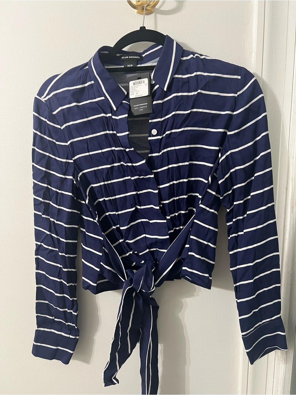Club Monaco Navy & White Striped Tie-Front button up Blouse